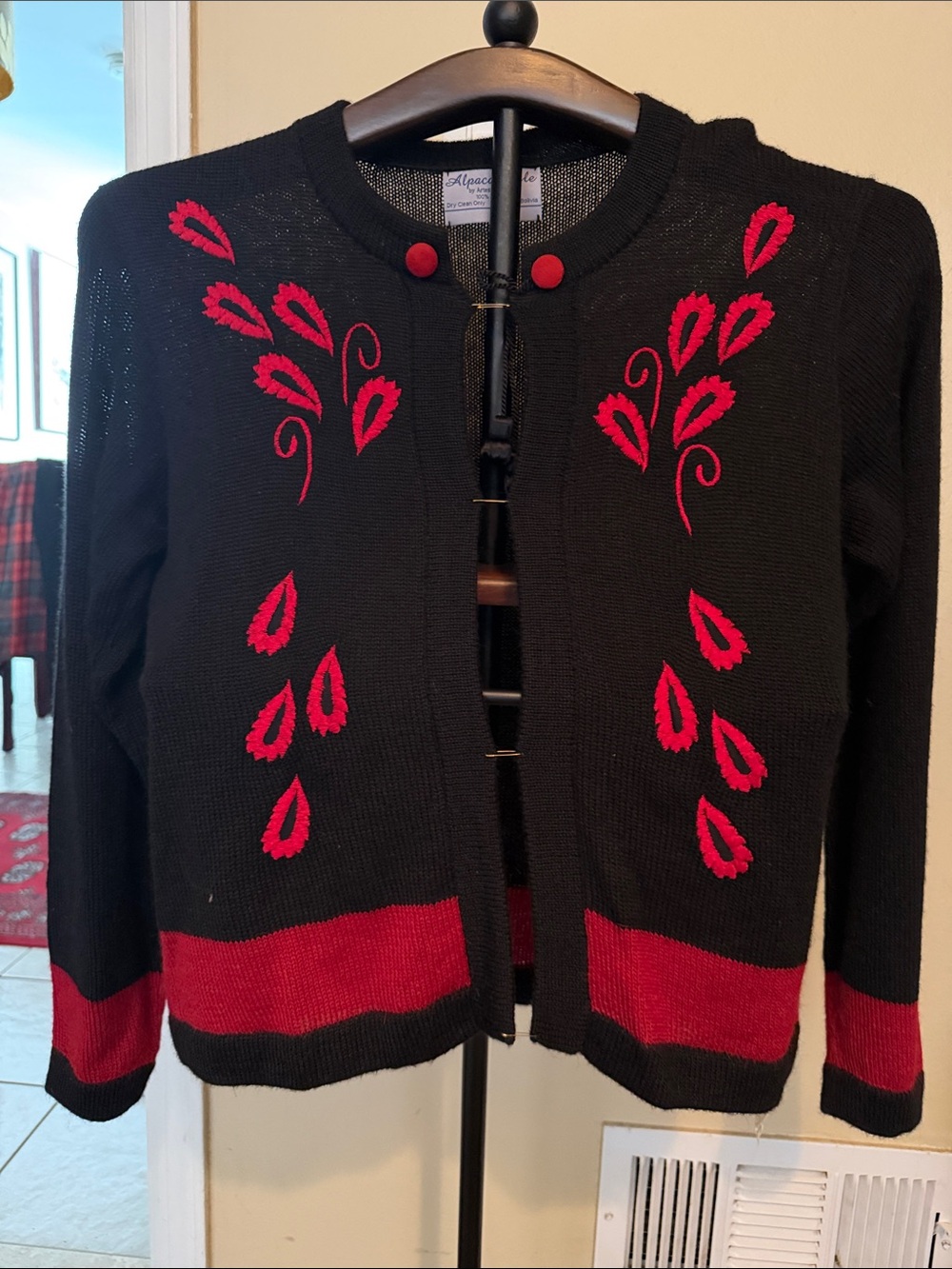 Black Sweater Cardigan with Red Embroidery